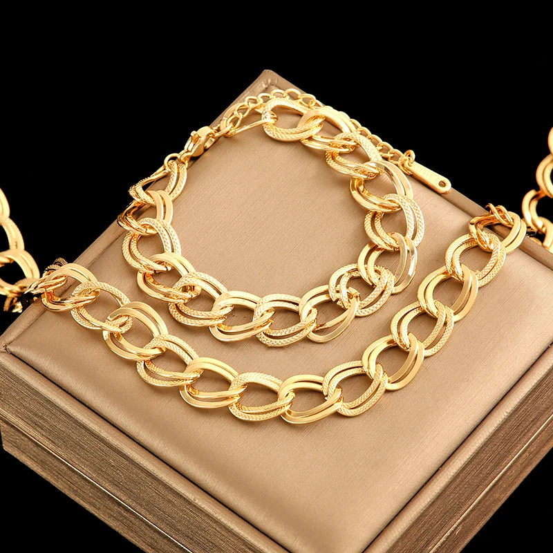 Unique lebal 18K Gold Plated Double Link Chain Necklace Bracelet Set