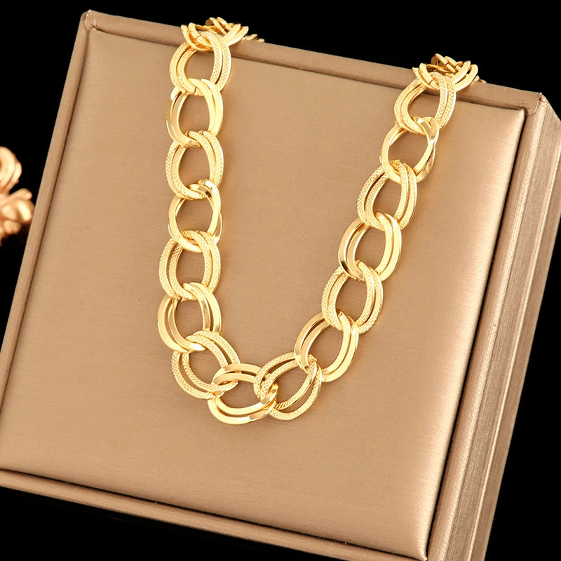 Unique lebal 18K Gold Plated Double Link Chain Necklace Bracelet Set