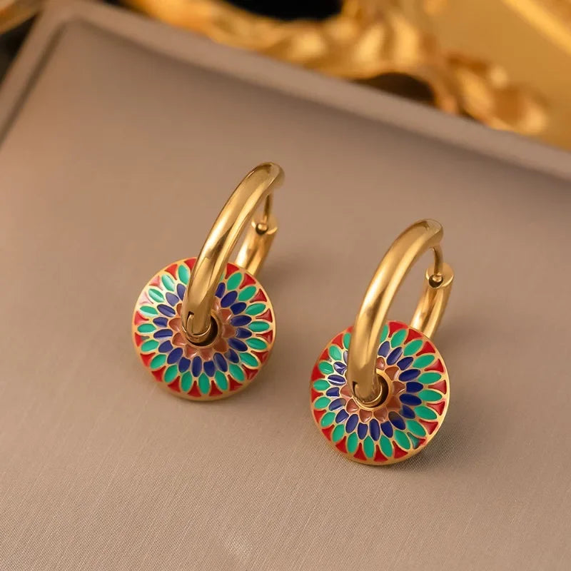 Vintage Painted Daisy Pattern Necklace Earrings Set Ethnic Style Jewelry