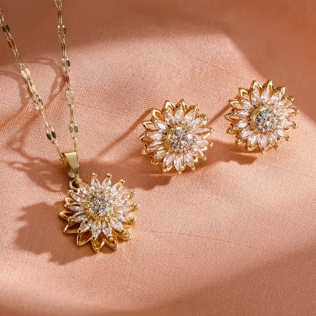 2-piece Set Of Sunflower Inlaid Rotating Set Jewelry