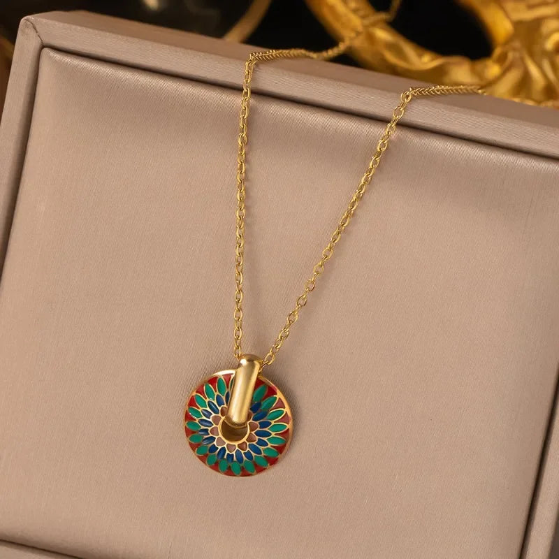 Vintage Painted Daisy Pattern Necklace Earrings Set Ethnic Style Jewelry
