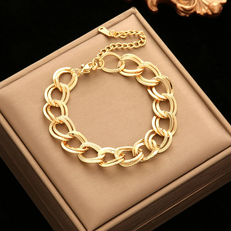 Unique lebal 18K Gold Plated Double Link Chain Necklace Bracelet Set
