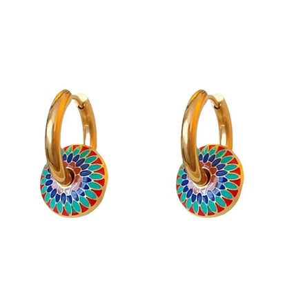 Vintage Painted Daisy Pattern Necklace Earrings Set Ethnic Style Jewelry