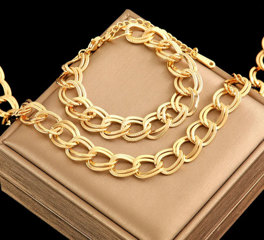 Unique lebal 18K Gold Plated Double Link Chain Necklace Bracelet Set | Unique lebal