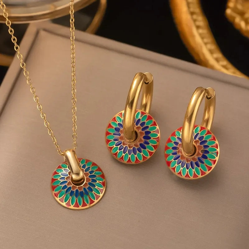 Vintage Painted Daisy Pattern Necklace Earrings Set Ethnic Style Jewelry