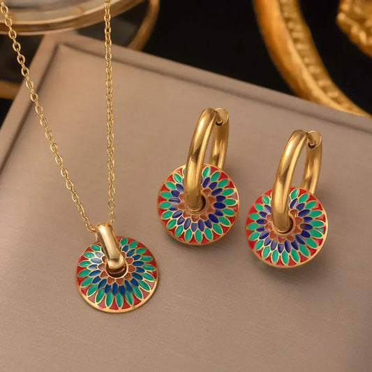 Vintage Painted Daisy Pattern Necklace Earrings Set Ethnic Style Jewelry