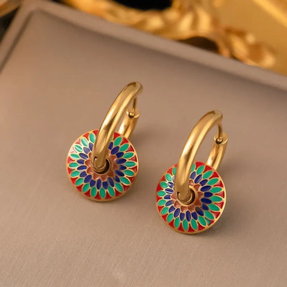 Vintage Painted Daisy Pattern Necklace Earrings Set Ethnic Style Jewelry